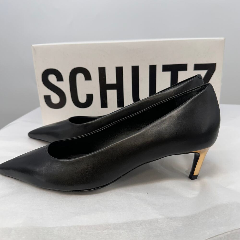 SCHUTZ New in Box Lou Mid Curve Pump Heel Black Leather with Gold Heel // 6 - Picture 6 of 9